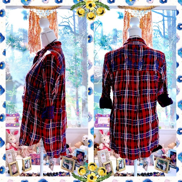 Free People Magical Plaid Buttondown Top Red Blue - Picture 5 of 8